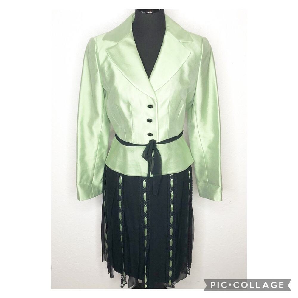 Kay Unger light green and black ribbon silk jacket skirt suit size 8